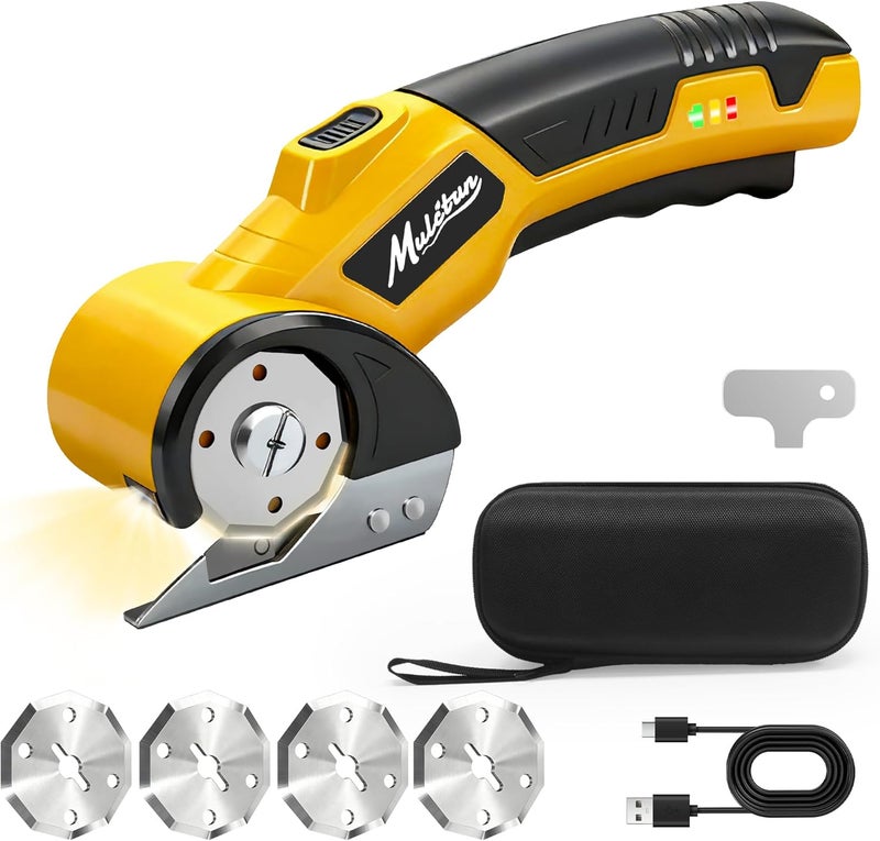 Mulctun Electric Box Cutter with 4 Safety Blades,Storage Bag,Cardboard Cutter with Safety Lock,Led Light,4V 2000mAh Cordless Electric Scissors for Carton Carpet Fabric Leather（Yellow） - Image 1